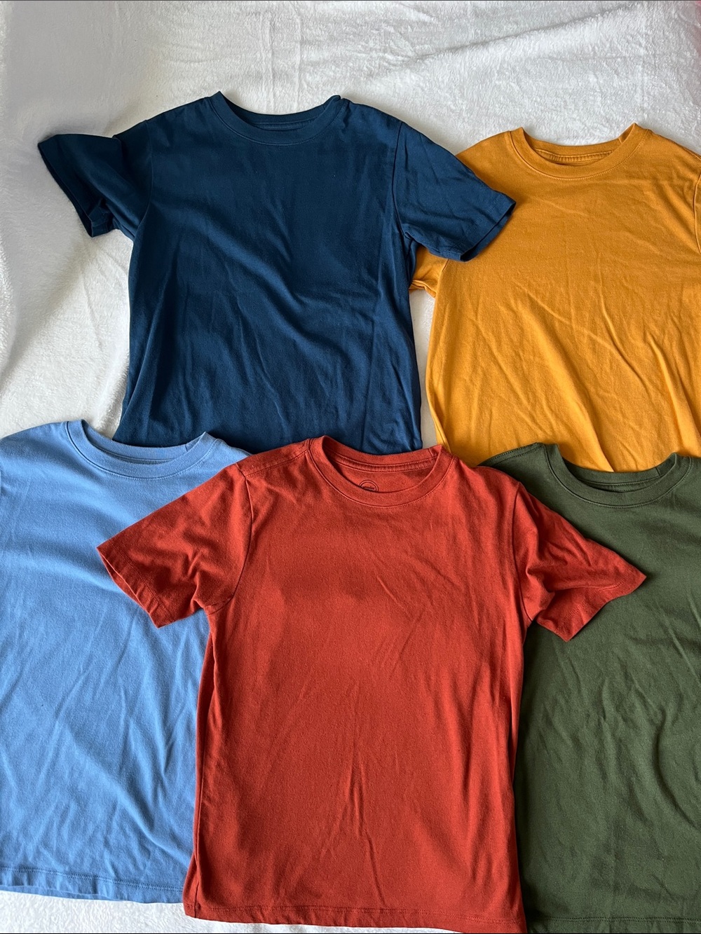 Five Solid Crewneck Tees - Navy, Mustard, Sky Blue, Rust, Olive